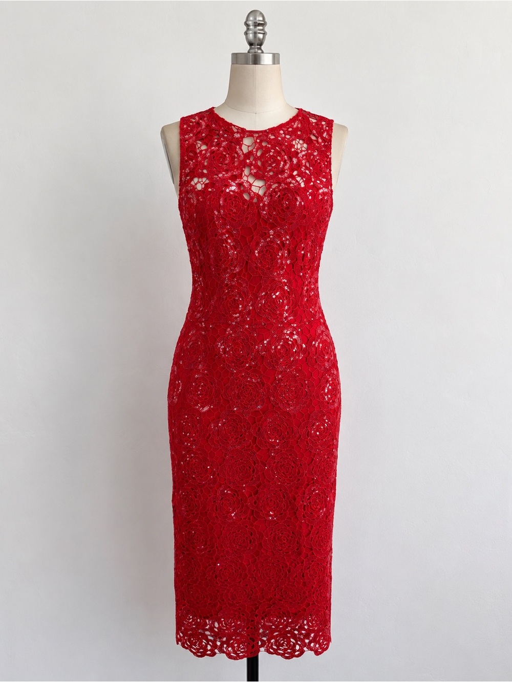 ML Monique Lhuillier Red Sequin Cocktail Midi Dress Size 4